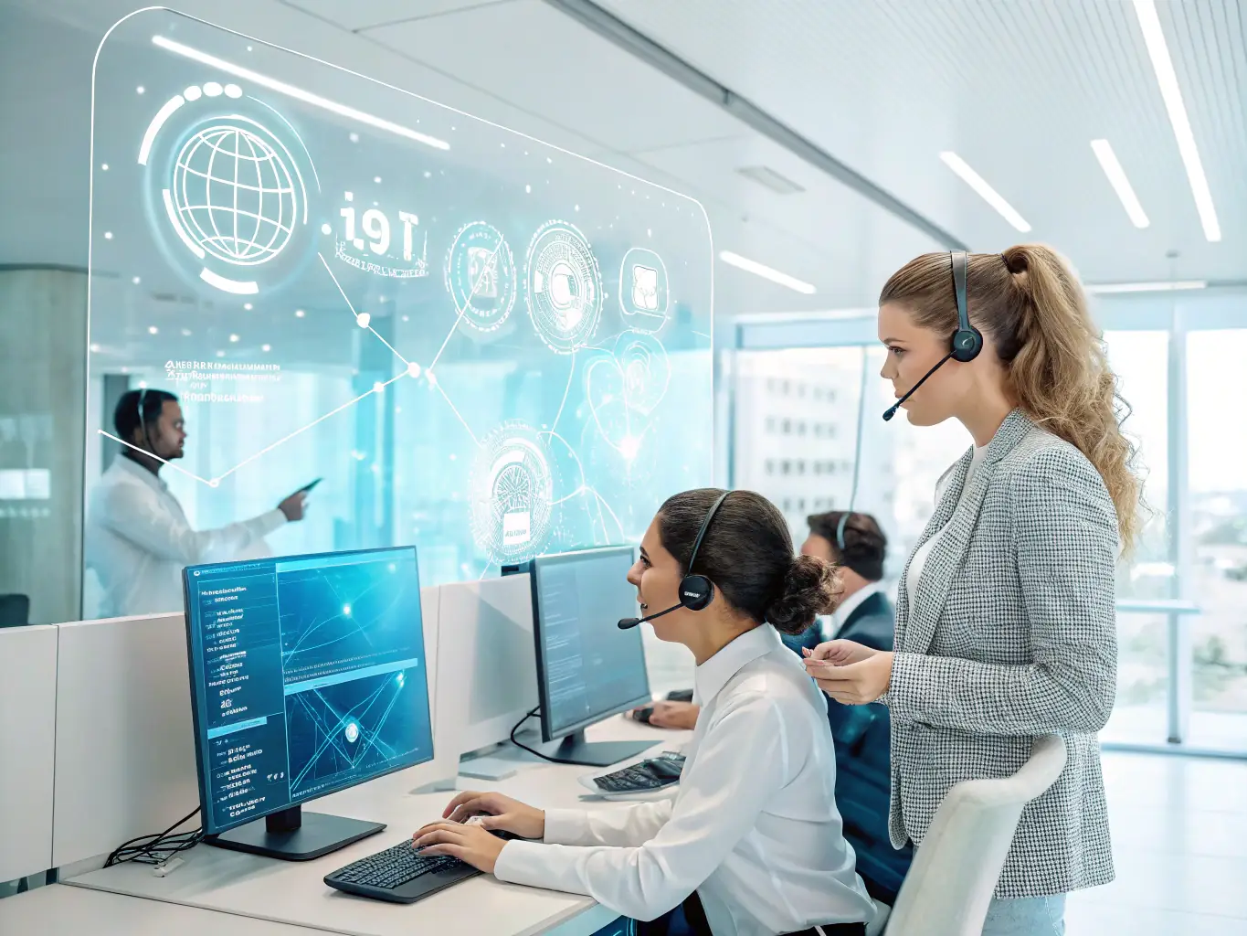 A digital illustration depicting a 24/7 AI receptionist seamlessly handling customer inquiries and scheduling appointments.